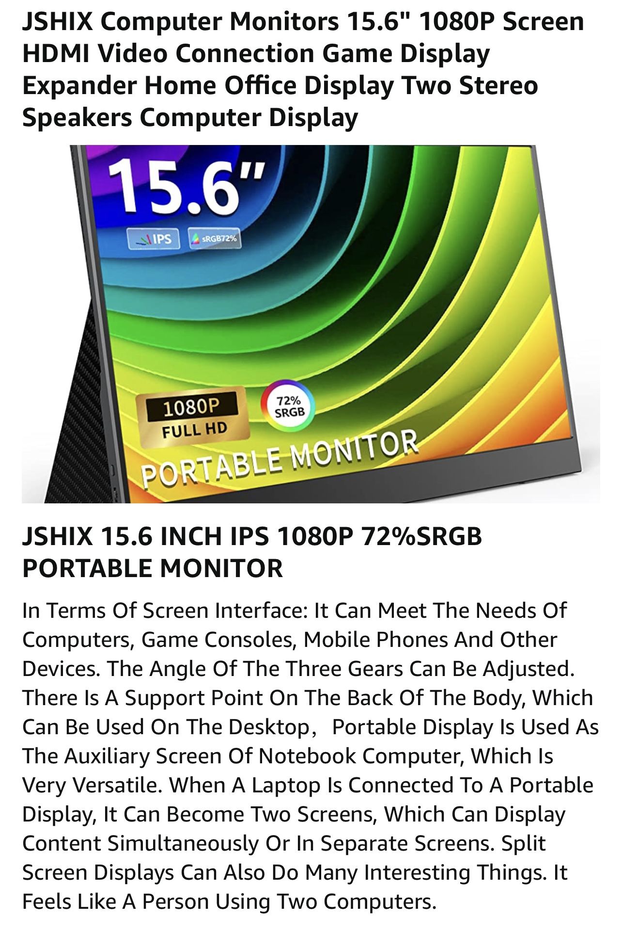 Portable Computer Monitor 15.6" 1080P Screen HDMI Video Connection Game Display Expander