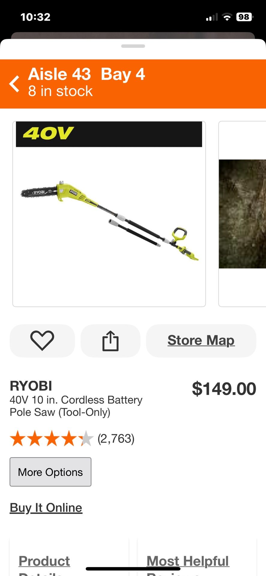 40v Ryobi Pole Saw 11 1/2’ Long
