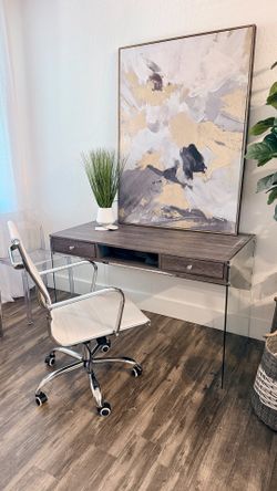 Modern Glass wood Executive Desk + 6-Cube Storage Organizer + Free Office Chair