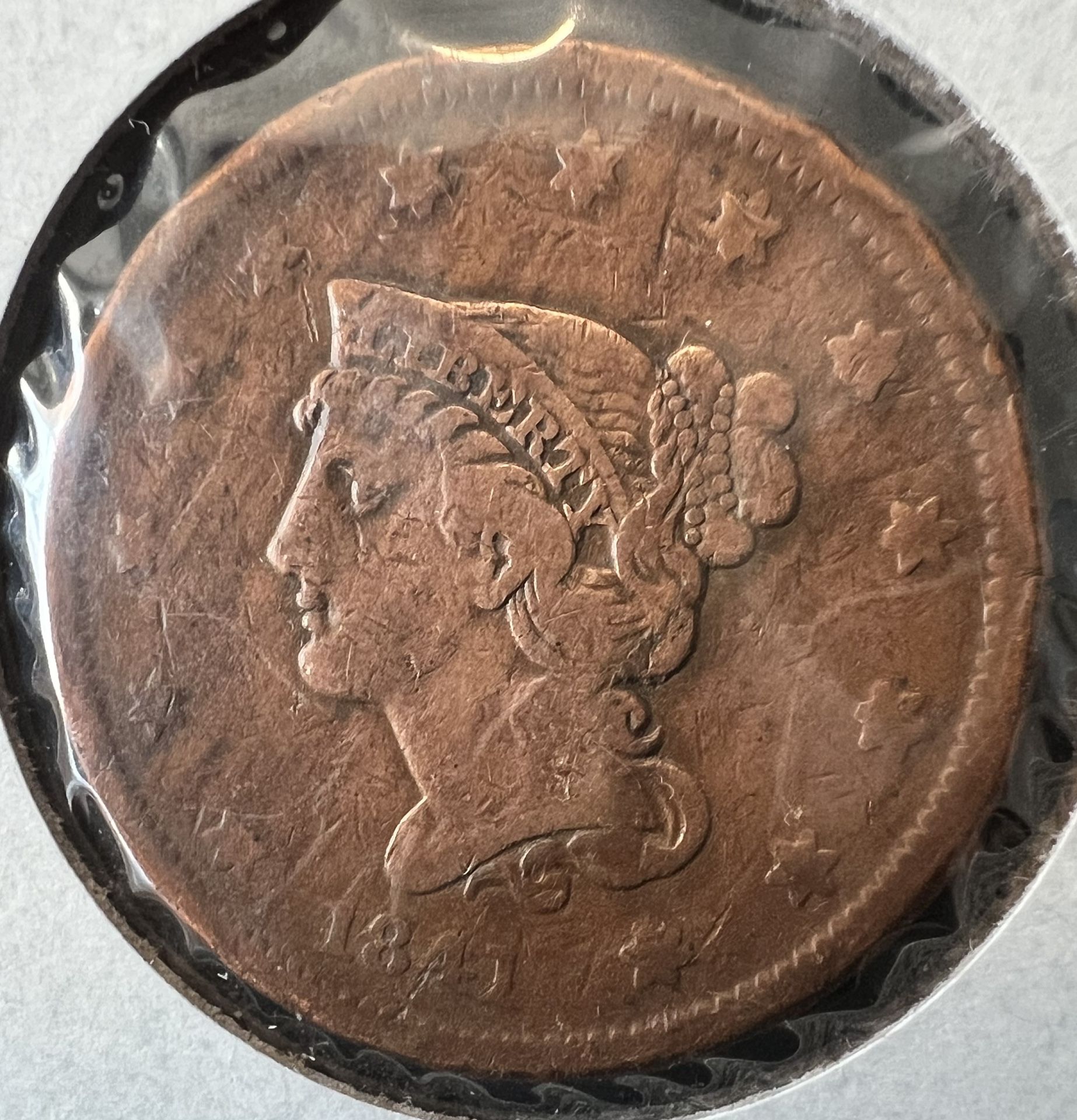 1841 Braided Hair Large Cent Small Date Variety Penny, 100% Pure Early Copper Type Coin