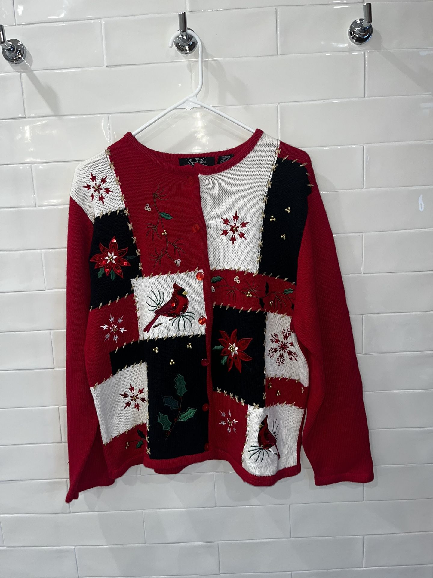 Vintage Christmas Ugly Sweater Kitschy Embellished Beaded Crystal Kobe Medium