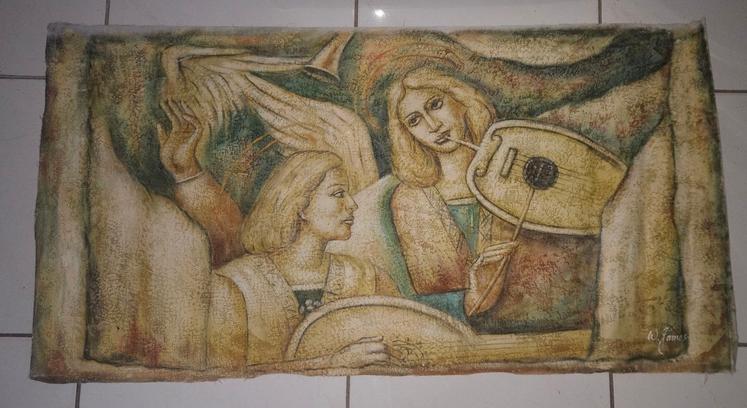 Unique Oil painting , Angels making music. 48"x25" Not framed