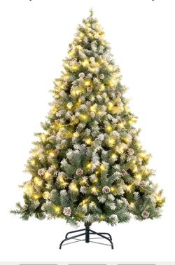 6ft Lighted Green Christmas Tree with Pine Cones, Snow Flocked Branches~w Lights