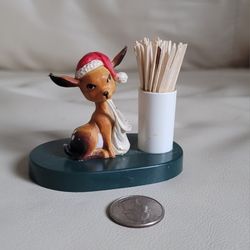 Vintage Christmas Toothpick Holder, Plastic Deer 2-3/8" Tall, Made In Hong Kong. 