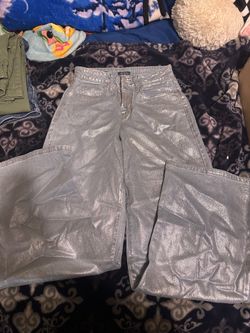 Silver metallic wide leg jeans #metallic #wideleg