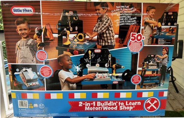 New, FIRM, LittleTikes 2-in-1 Buildin' to Learn Motor Wood Shop Playset, Blue, for Ages 3+