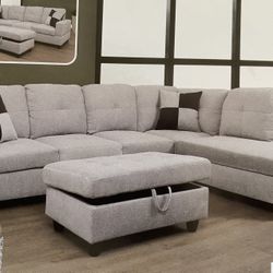 Off White Grey Linen Sectional Couch And Ottoman 