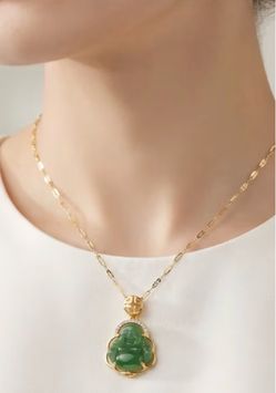 Green Jade Buddha jade Pendant st/still Gold Chain Necklace