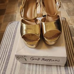 New Gold Open Toe Criss Cross Ankle Platform Block Heels Size 7 New Box