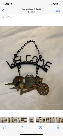 Primitive  Rusted Metal Welcome Hanging Sign with Flower Cart Watering Can Tools