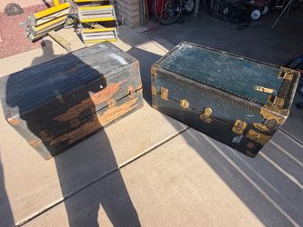 Pair of Vintage Antique Wardrobe Steamer Trunks - Complete & Project Piece