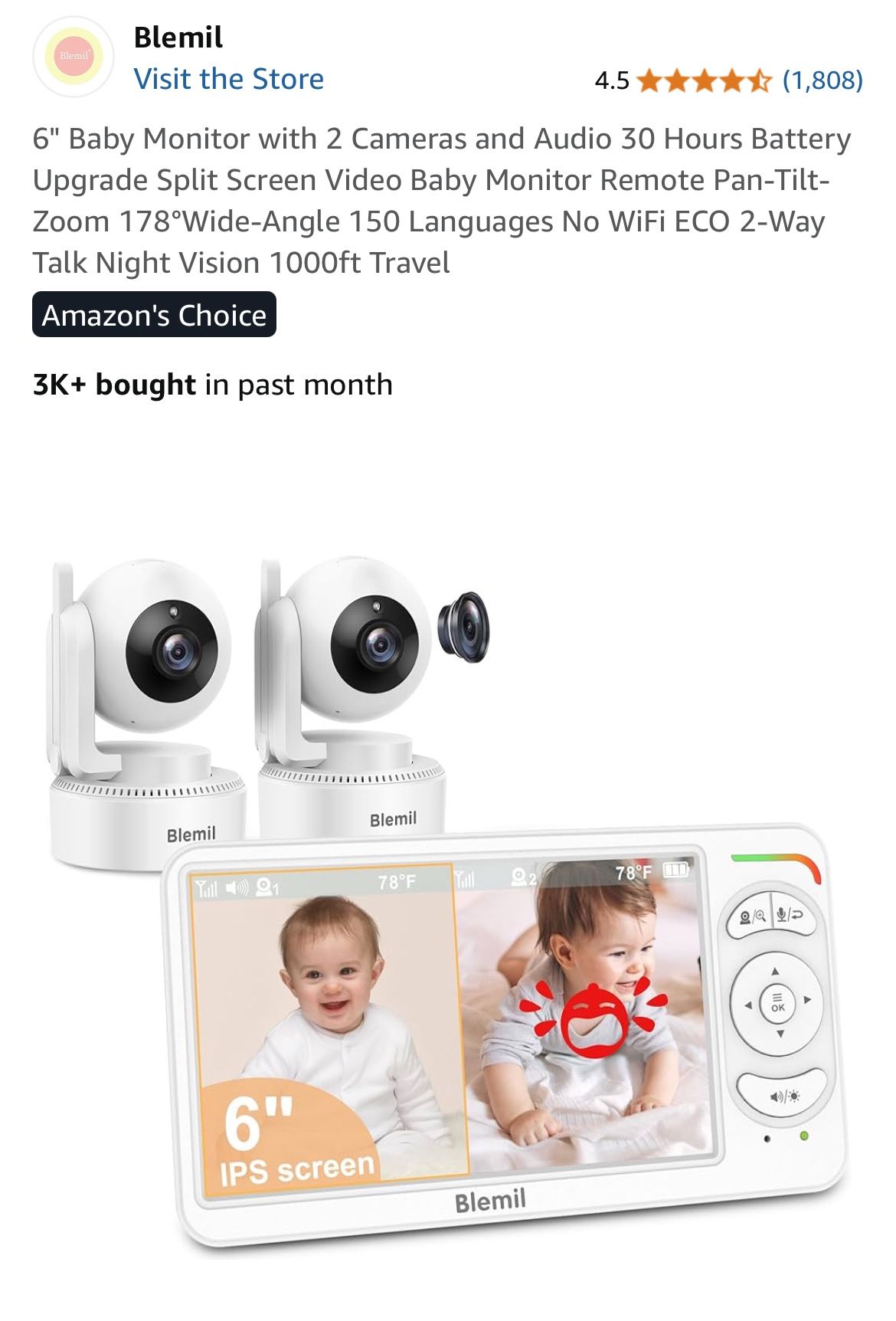 BLEMIL 6” BABY MONITOR WITH CAMERAS ROTATION AND UP AND DOWN