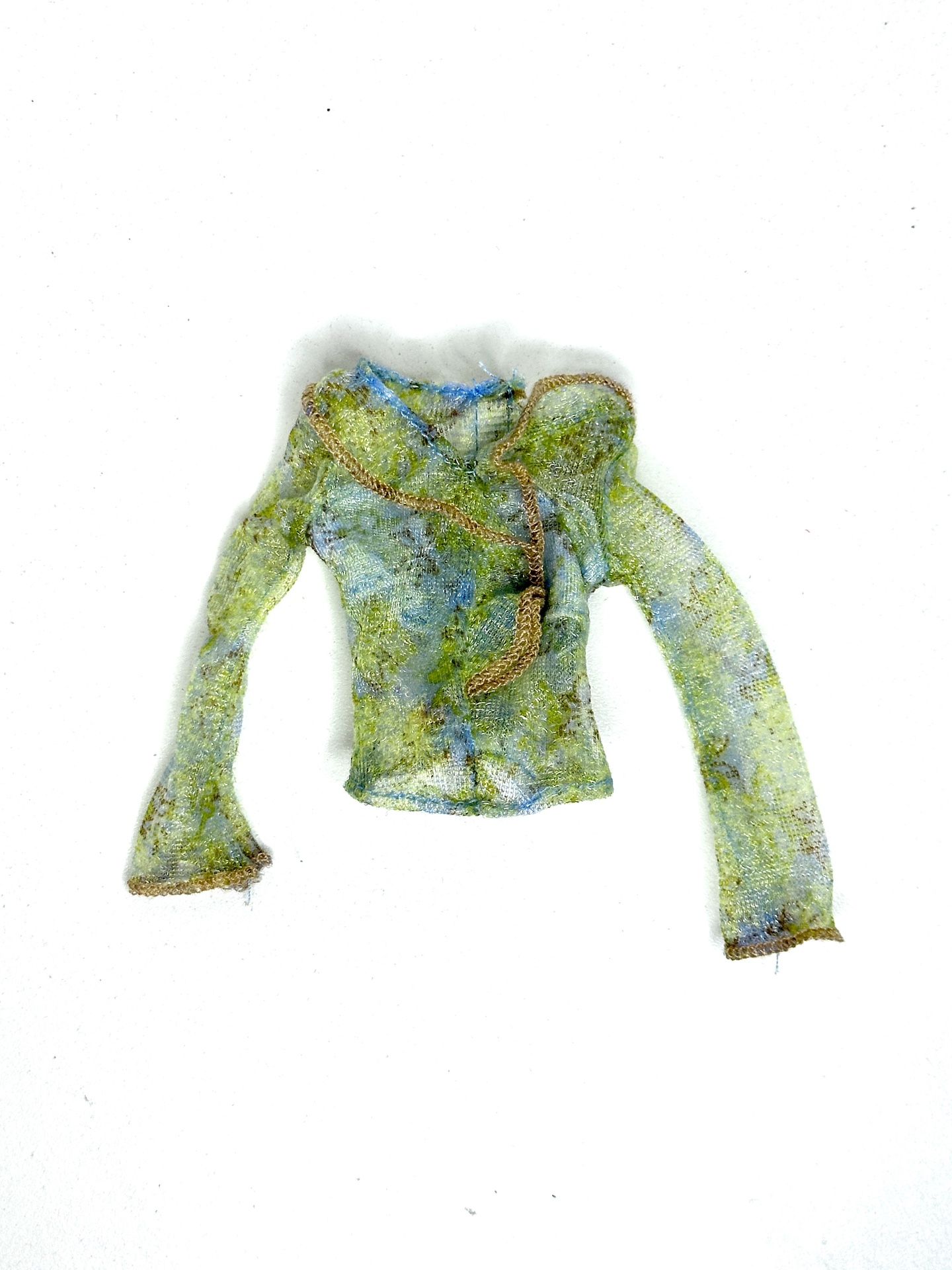Green Abstract with Blue Modesty Panel Sheer Long-sleeve Crop Top from Vintage 2002 Mattel “Barbie Fashion Avenue Clothes #B3366”