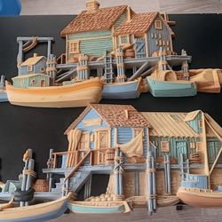 Vintage Molded Plastic Burwood Fishing Village Set Wall Plaques