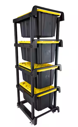 4 Tier Plastic Shelving Tote Stacker with Casters in Black