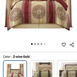 King Comforter Set, Wine Gold Medallion Jacquard Design, Luxurious Bohemian 9 Pieces Bedding Set with Curtains, Decorative Pillows and Bed Skirt