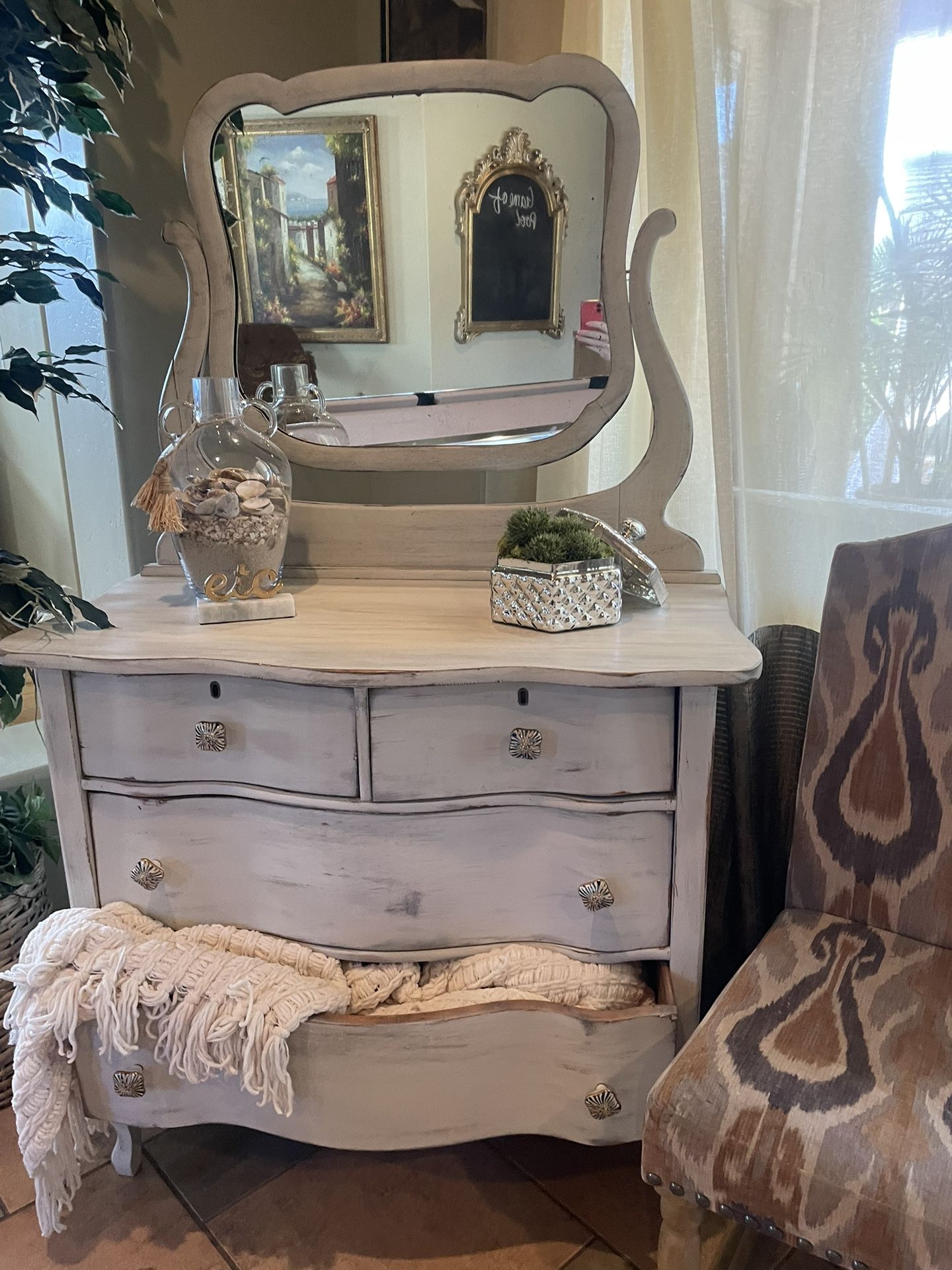 Antique, White, Shabby Chic Mirror And Dresser