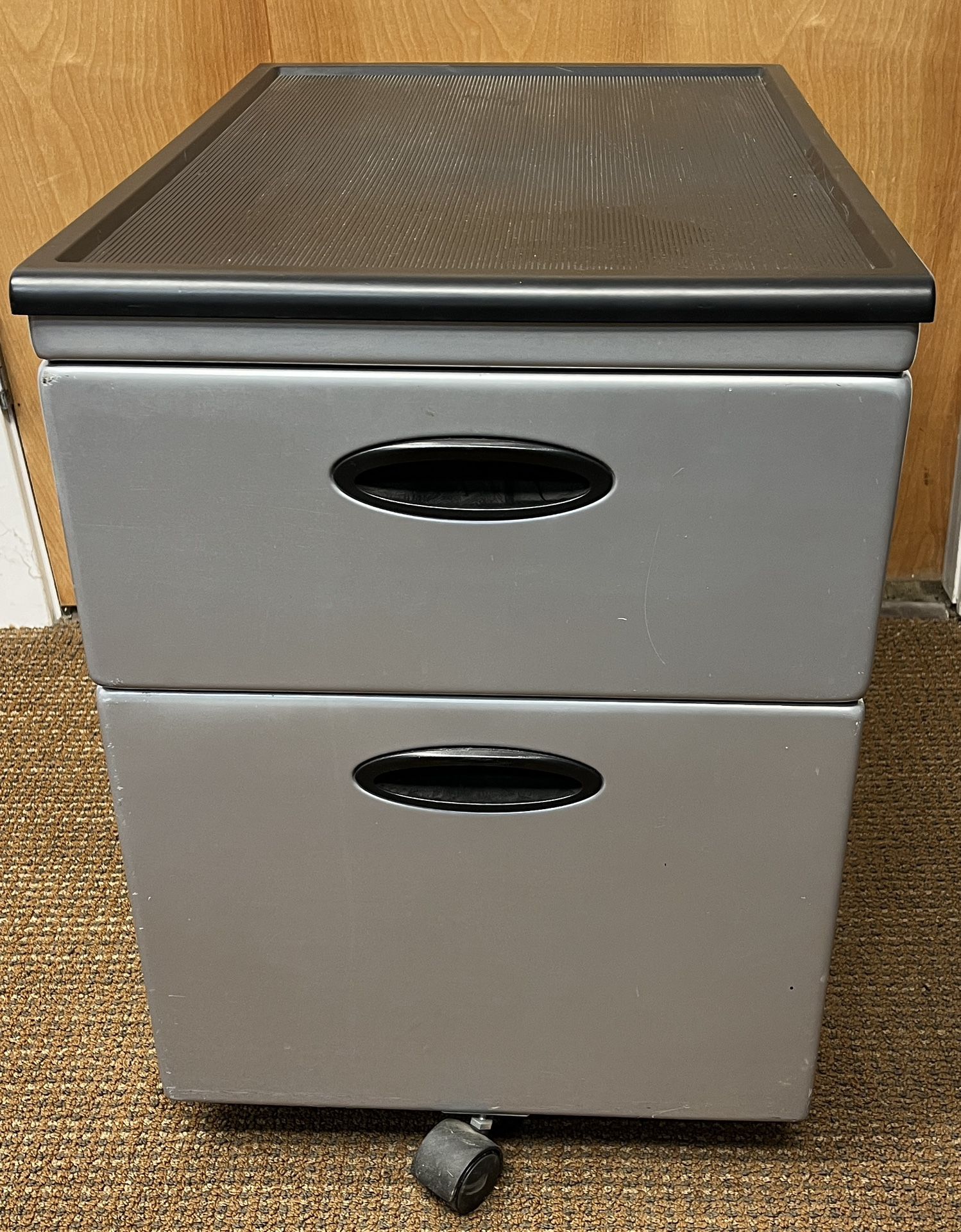 2 Drawer File Cabinet on Wheel with Disc Storage. Has dent on side