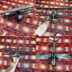 Vintage Decor Gray Tin Metal Bi-Plane Airplane FLAWS 19.5” Spinning Propeller