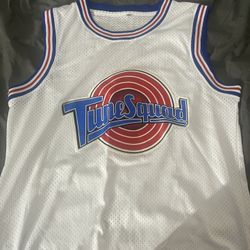 Tune Squad White/blue Medium Used And Has A Little Stains That Are Barely Noticeable