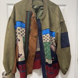 Women’s Vintage Oversized Suede & Knit Patchwork Bomber Jacket