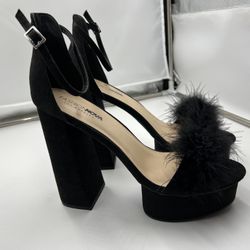 Fashion Nova Hey There Feather Heels Black Size 11