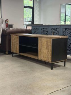 59" TV Stand for TVs up to 65", Entertainment Center Media Console Table with Storage, LED Light, Rustic Oak