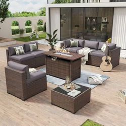 8 Piece Patio Furniture Set with 44” Fire Pit Table Wicker Rattan Outdoor Sectional Sofa Set with Coffee Table and 4” Thickened Cushions