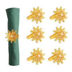 Gold Napkin Rings Set Of 6, Plating Snowflake Napkin Rings With Pearl, Napkin Rings Holder Serviette Buckles Rings For Table Decoration, Wedding, 1.8“