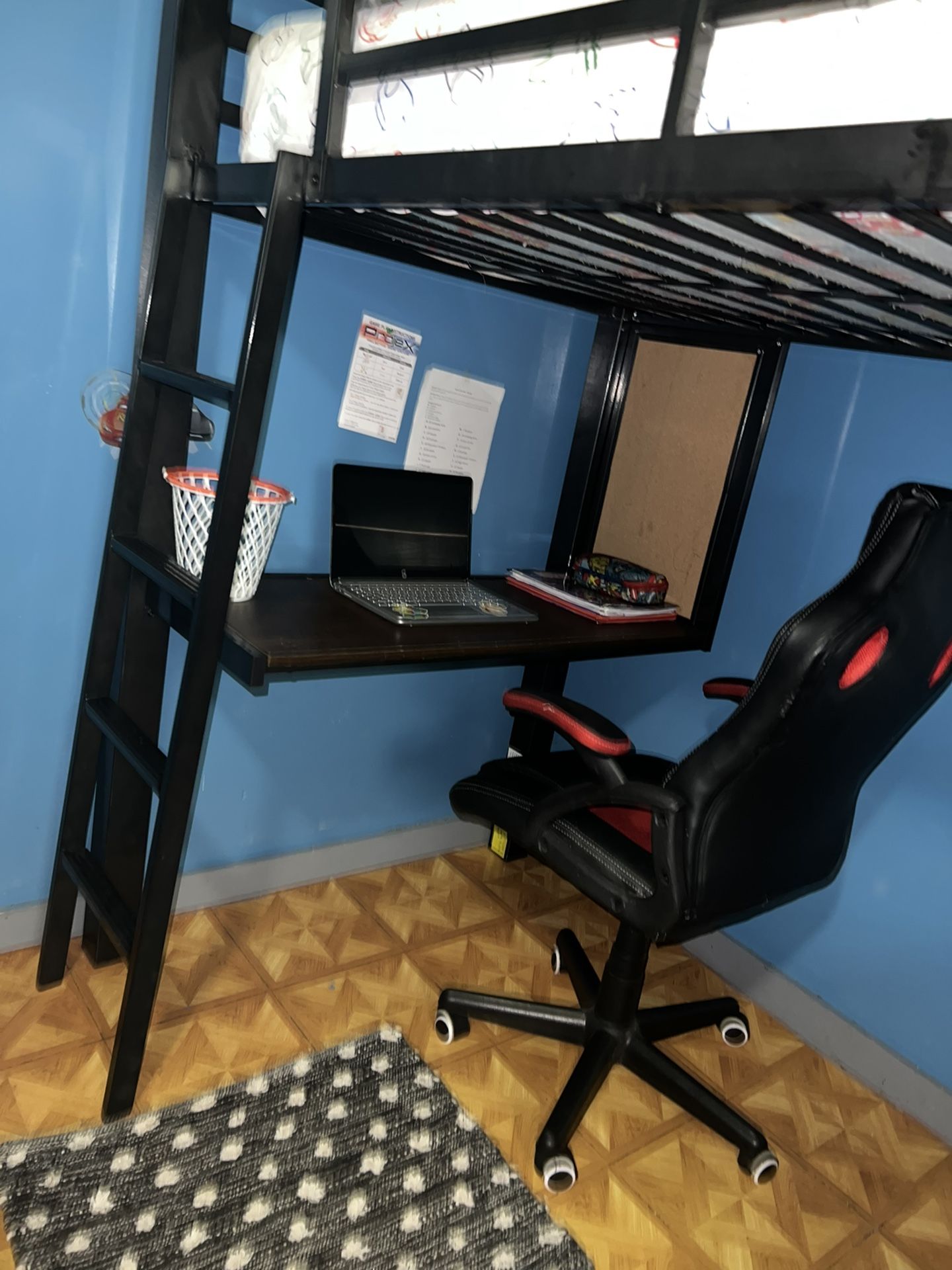 Kids Metal Bed Frame With Ladder Bookshelves And Desk