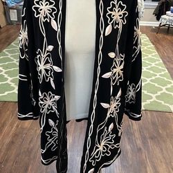 Once Again Women’s 1X Black Pink White Floral Embroidered Open Jacket 