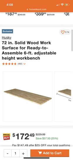 Husky 72inch Solid Wood Work Top