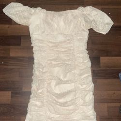 Blāshe White Ruched Off-The-Shoulder Mini Dress"