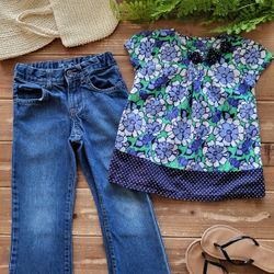 5T 2-PIECE OUTFIT BLUE & WHITE FLORAL PRINT COTTON TUNIC W/BLUE BOOT CUT DENIM JEANS