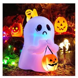 4' Halloween Inflatable Ghost Holding Pumpkin Blow up Holiday Decor w/LED Lights