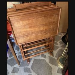 $375-Vintage Mid-Century Teak Tv Tray Set