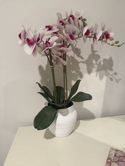 Artificial Orchid Arrangement in White Ceramic Pot