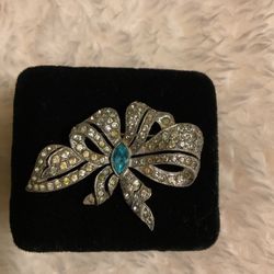Antique Silver Ribbon Brooch With Rhinestones And Blue Crystal