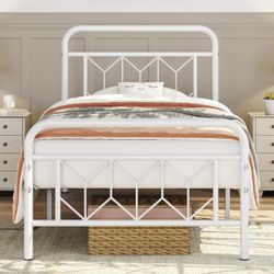 White Metal Platform Bed Frame with Diamond Pattern Headboard/Footboard