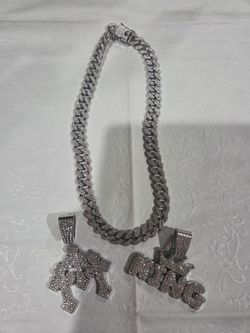 Miami Crown KING & 3 Crosses Pendants & Necklace Hip Hop Punk Cuban Silvery Inlaid Rhinestone