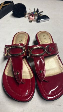 Red Patent Leather Thong Sandals with Gold Hardware