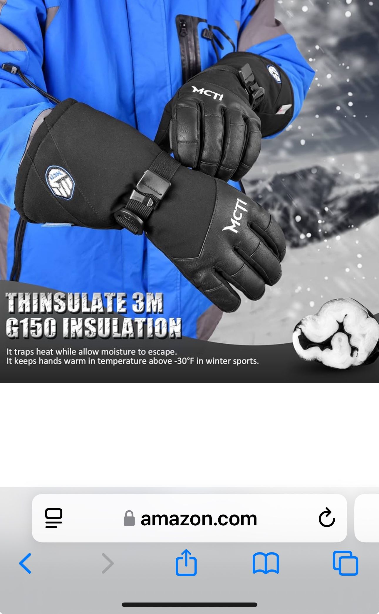 MCTi Waterproof Ski Snowboard Gloves Touchscreen PU Leather Winter Gloves with Wrist Leashes