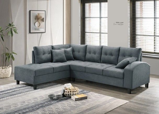 Grey Textured Fabric L Shape Couch Sofa Sectional