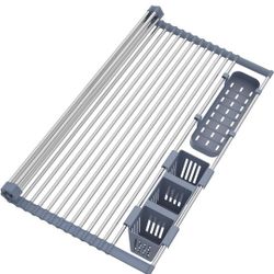 Extra Large Expandable Roll Up Dish Drying Rack Up To 25.1''with 2 Storage Baske