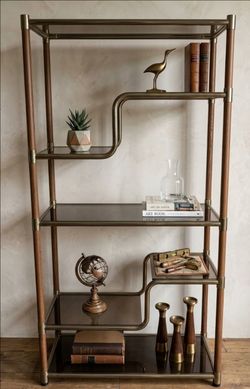 Mid-Century Modern Brass and Wood Etagere Bookshelf