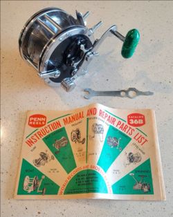 Vintage Penn Super Mariner No. 49 Reel w/ Green Bakelite Handle, Wrench & Manual