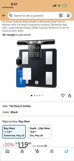 GE Smart Scale for Body Weight: 8-Electrode Body Pod Fat Monitor with Full Body Composition Analysis, Bluetooth App Sync, Large Handle Display, 400lb 