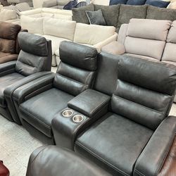 Gray Leather Dual Power Recliner Loveseat & Single Matching Recliner