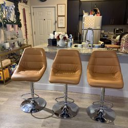 Set Of 3 Modern Swivel Height Adjustable Bar Stools With Chrome Footrest/Base- Brown 