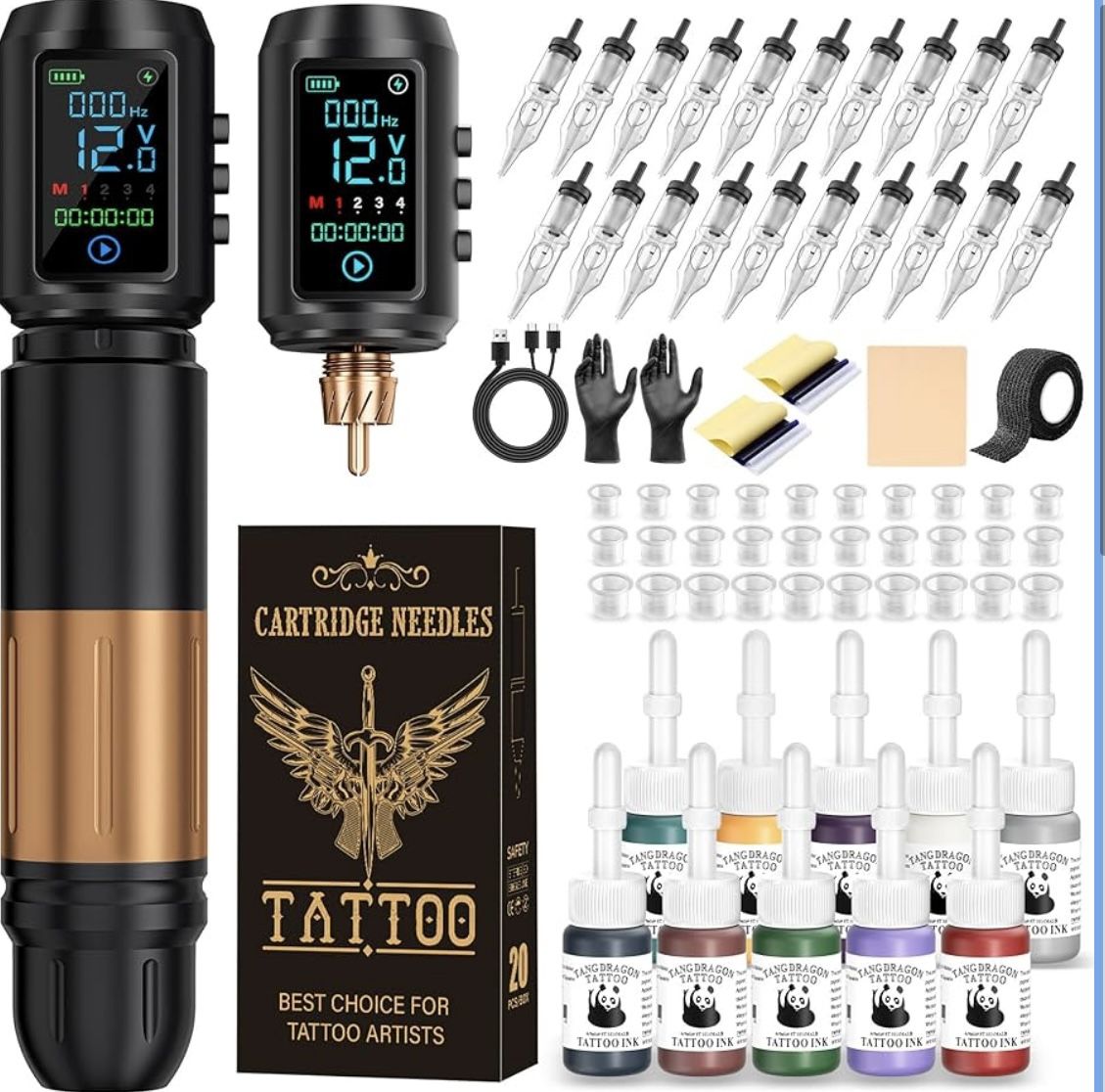Wireless Tattoo Machine Pen Kit with 2Pcs 1600mAh Replaceable battery and 20 pcs Tattoo Cartridge Needles, 10 Ink Colors for Complete Tattoo Machine k